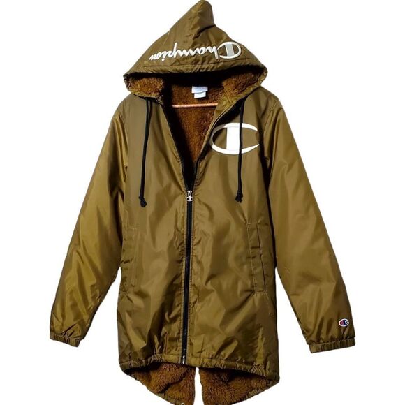 Champion LIFE Mens Stadium Jacket Size Small Imperial Green/Brown Faux Fur Lined